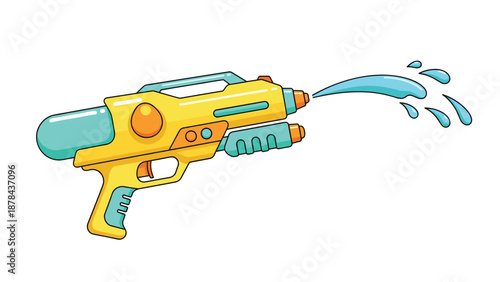 Vibrant yellow and turquoise water gun shooting a stream of blue water, captured in a cheerful cartoon style for summer-themed projects.