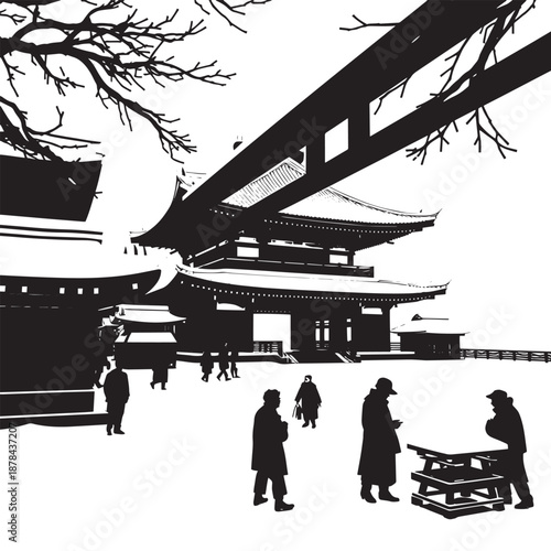 Snowy traditional Japanese temple with people walking around