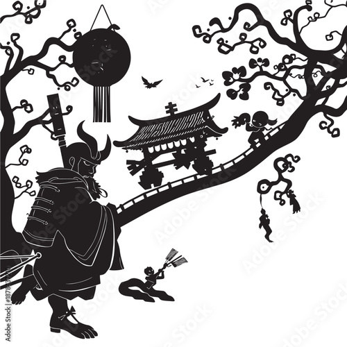 Samurai warrior standing under cherry blossom tree with temple