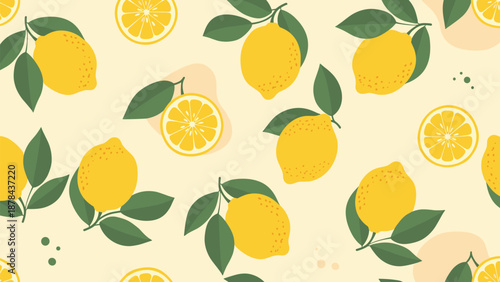 Refreshing seamless pattern of bright yellow lemons with green leaves and citrus slices on a light cream background for summer-themed decor.