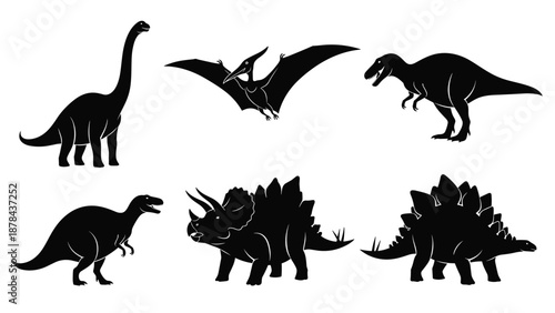Set of black dinosaur silhouettes including brachiosaurus pterodactyl tyrannosaurus rex triceratops and stegosaurus on a white background.