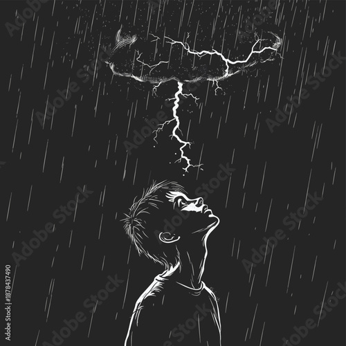 Illustration of a person looking up at a thought bubble with lightning and rain in black and white , vector style simple color