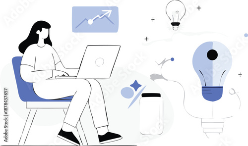 Modern woman working on laptop with creative ideas and inspiration around her