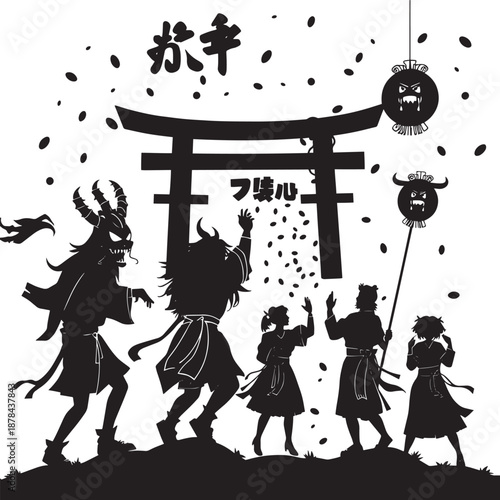 Japanese festival scene with people throwing beans at demons