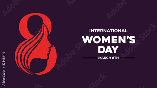 International women's day logo with female face on purple background