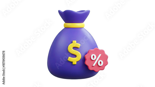 3D Money Bag with Dollar Sign and Percentage Icon