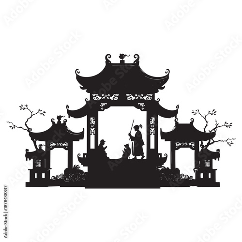 Traditional Chinese pagoda with people in serene garden setting