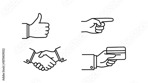 Line art hands displaying gestures of approval direction agreement and holding silhouette