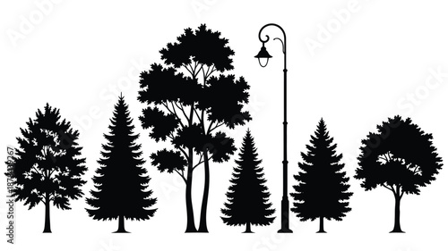 Black trees and a street lamp against a white background silhouette
