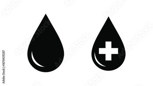 Two black droplet shapes with a medical cross a striking silhouette