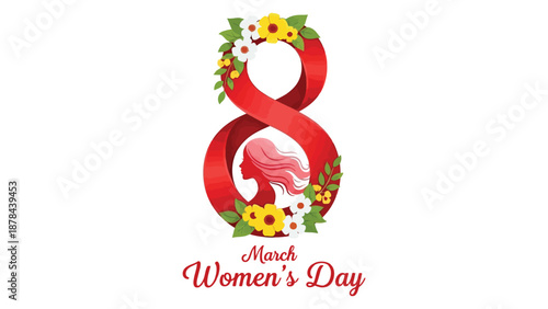 March women's day logo with flowers and pink hair