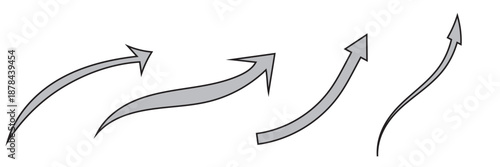Hand Drawn Arrow Doodle. Collection of black hand drawn arrows in various curved and straight shapes, isolated on white, useful for direction, flow, and design concepts.

