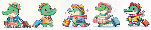 cute crocodile vector dragging a suitcase