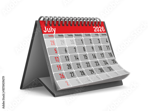 2026 year. Calendar for July. Isolated 3D illustration