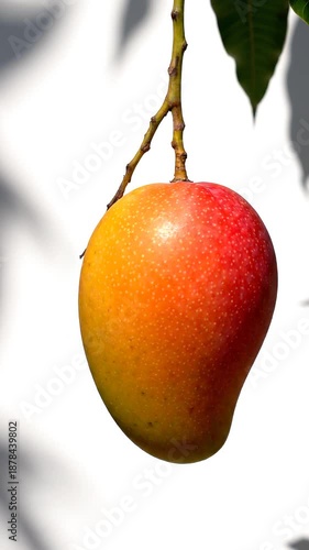 A ripe mango hangs from a tree branch with green leaves against a bright white background with shadows