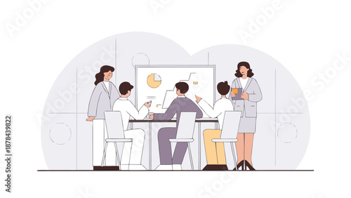 Flat vector illustration of business people discussing data on whiteboard in meeting room with colleagues