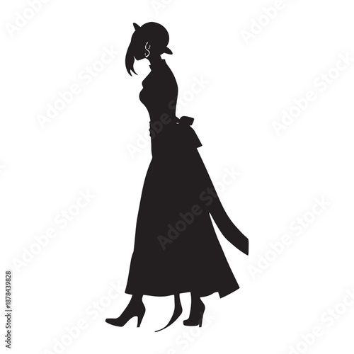 Elegant woman in black dress and hat walking with confidence