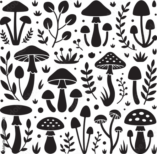 black and white illustration of mushrooms and plants
