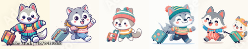 cute wolf vector dragging a suitcase