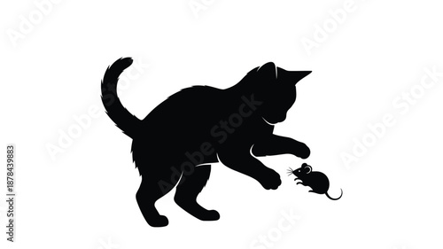 A black cat playfully stalking a small mouse a striking silhouette
