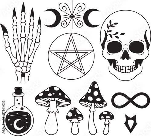 black and white illustration of occult and mystical symbols