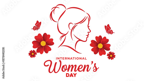 International women's day illustration with red flowers
