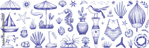 Hand drawn coastal summer illustration set with seashells sailboat seahorse beach umbrella swimsuit marine elements vintage line art style