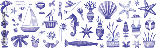 Hand drawn coastal summer illustration set with seashells sailboat seahorse beach umbrella swimsuit marine elements vintage line art style