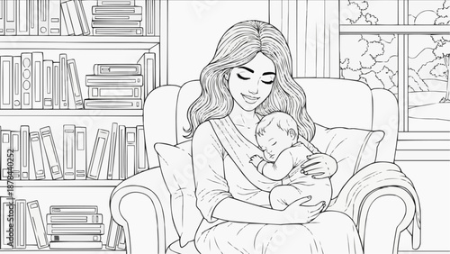 Children's coloring book - Mother holding sleeping baby in an armchair by bookshelf indoors  
