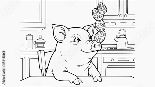 Children's coloring book - Cartoon pig balances Easter eggs on his nose against the background of the kitchen
