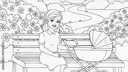 Children's coloring book - Woman sitting on bench with stroller in park surrounded by flowers  