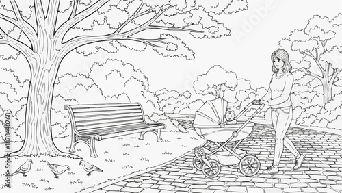 Children's coloring book - Woman pushing stroller while walking in park with trees and bench  