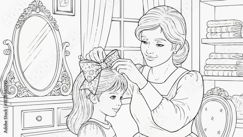 Children's coloring book - Mother styling daughter's hair with a bow in a bright bedroom  