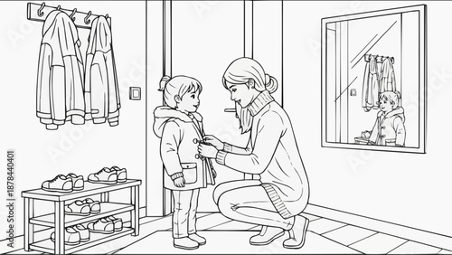Children's coloring book - Mother helping child wear coat in hallway by mirror  