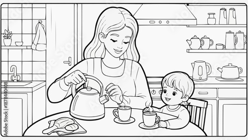 Children's coloring book - Mother pouring tea for her smiling toddler in a cozy kitchen  