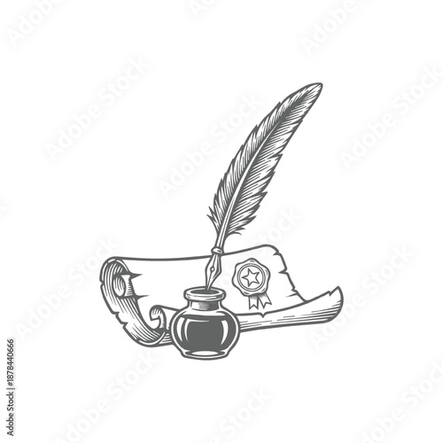 Vintage Quill Pen, Inkwell, and Scroll