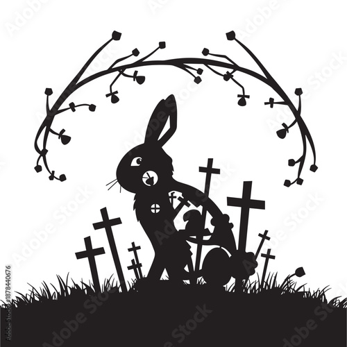 Spooky bunny silhouette in eerie graveyard scene