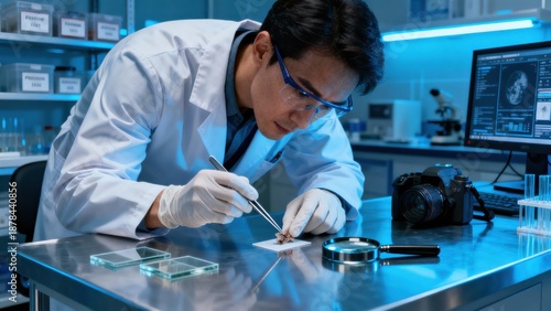 Research technician wearing safety glasses and latex gloves manipulating a small organic specimen with precision tweezers on a reflective metal laboratory table.