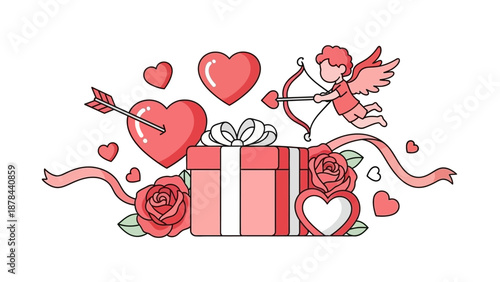 Valentine's Gift: This illustration showcases a heart filled scene, with love and romantic elements. Cupid with his bow and arrow aimed at a heart, gift box with bow, roses, and hearts.