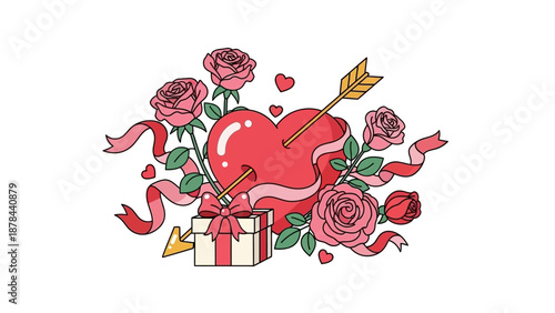 Heartfelt Harmony: A charming valentine composition unveils a loving gift, heart pierced by an arrow, and blooming roses dancing with ribbons, embodying affection and tenderness.
