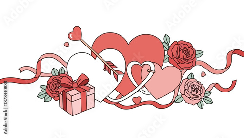 Love's Festive Gathering: This delightful illustration encapsulates the essence of affection, featuring a heart-shaped arrow piercing a heart, nestled among roses, ribbons, and a gift box.