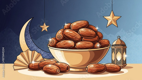 Bowl of dates with Ramadan lantern and crescent moon traditional Islamic Iftar food festive celebration illustration