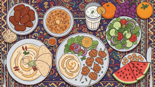 Middle Eastern food spread with falafel hummus and kebabs flat illustration of a delicious meal for a restaurant menu or culinary concept