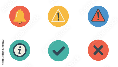 Set of colorful notification and status icons with bell, warning, info, checkmark, and cross symbols isolated on white background, Vector, illustration