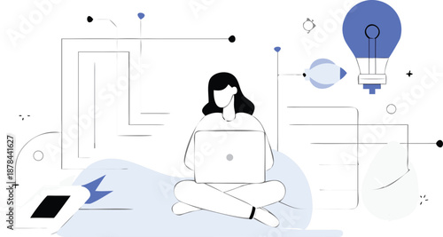 Woman sitting cross legged with laptop surrounded by modern line art symbols and blue accents on white background
