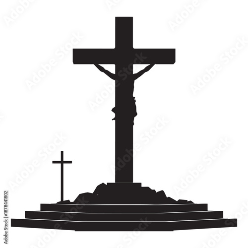 Silhouette of Jesus Christ on the cross with another cross in background