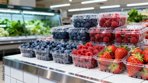 Ripe strawberries, red raspberries, and blue blueberries packaged in clear plastic clamshell containers displayed for sale inside a grocery store.