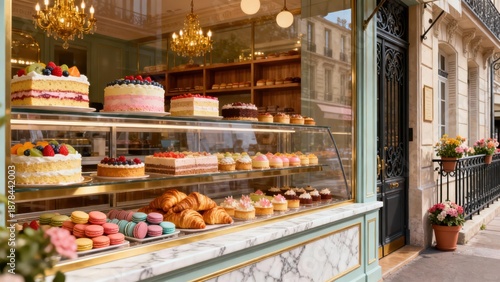Ornate bakery window display showcasing tiered fruit cakes, colorful French macarons, and fresh golden croissants on a white marble countertop.