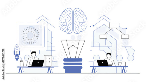 Two businessmen work on laptops in minimalist office with brain and lightbulb concept