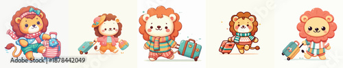 cute lion vector dragging a suitcase